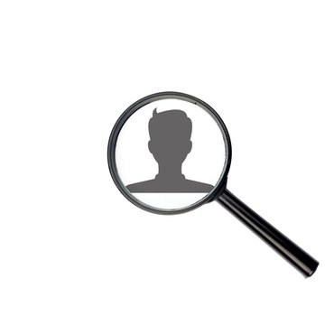 User profile avatar with magnify glass isolated on white backgro