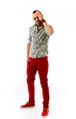 model isolated on plain background confused headache