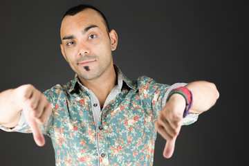 negative model showing thumbs down