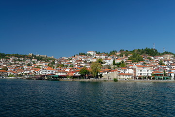 Naklejka na ściany i meble View of Ohrid old town and old fortress from a boat.