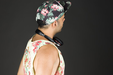 model isolated on plain background back looking behind