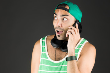 model isolated on white holding phone