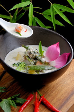 Traditional thai green curry with vegetables