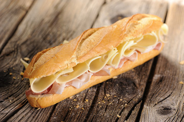 Baguette bread with ham and cheese