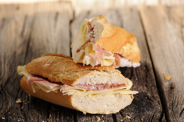 Baguette bread with ham and cheese