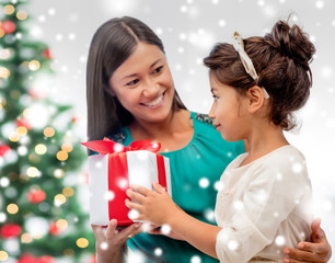 happy mother and child girl with gift box