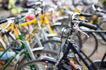 Fototapeta na wymiar Bike rental service/Many bikes in a city context