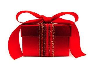 Red gift box with ribbon and bow over a white background