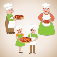 Family of chefs and delicious pizza