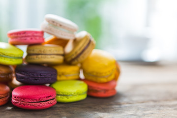 French colorful macarons in a rows