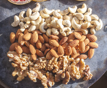 Cashew nuts, almonds and walnuts