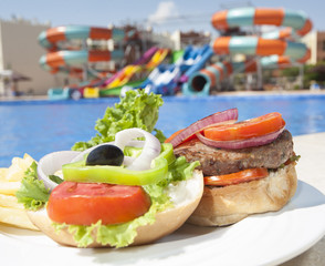 Closeup of beef burger with salad