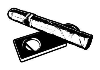 Cigar and Cigar Cutter Realistic Black and White Cartoon Vector Graphic Illustration