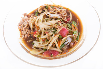 papaya salad on white background