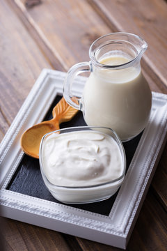 Fresh dairy products - sour cream, milk.