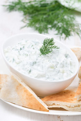 yoghurt sauce tzatziki with pieces of pita bread, vertical