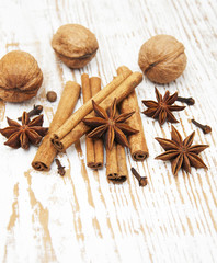 Star anis,  cinnamon stick, walnut and cloves