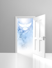Spirituality and religion concept of an open door and white dove