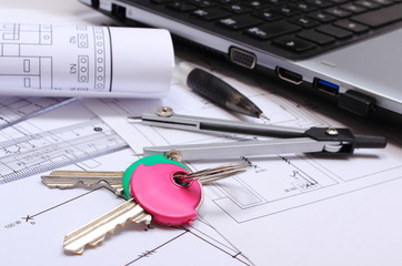 Diagrams, accessories for drawing, home keys and laptop