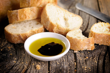 Italian food appetizer of bread olive oil and balsamic vinegar