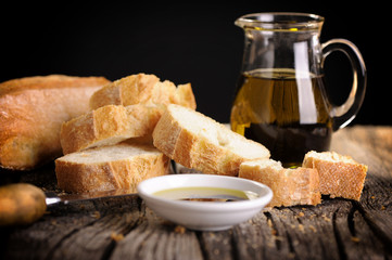 Italian food appetizer of bread olive oil and balsamic vinegar
