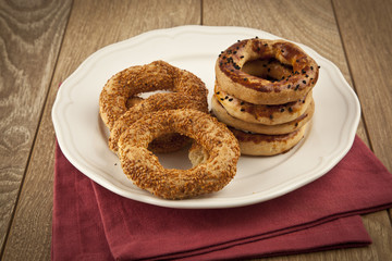 Turkish Bagel Simit with Sesame on wooden table