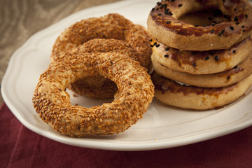 Turkish Bagel Simit with Sesame on wooden table