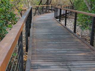 Wooden walkway with metal handrails