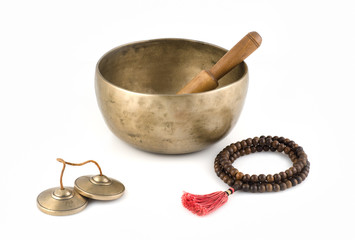 Singing Bowl with Ringing Stick, Prayer Beads and Bells.