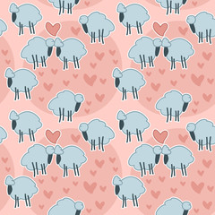 Sheep grazing on the meadow pink pattern