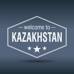 welcome to Kazakhstan hexagonal white vintage label