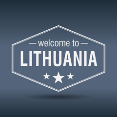 welcome to Lithuania hexagonal white vintage label