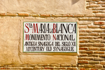 Toledo, cartel de la sinagoga de Santa María la Blanca
