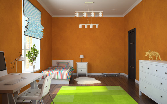 Part of interior modern childroom with orange walls 3D rendering