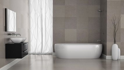 Naklejka na ściany i meble Interior of modern bathroom with grey tiles wall