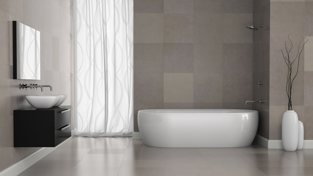 Interior of modern bathroom with grey tiles  wall