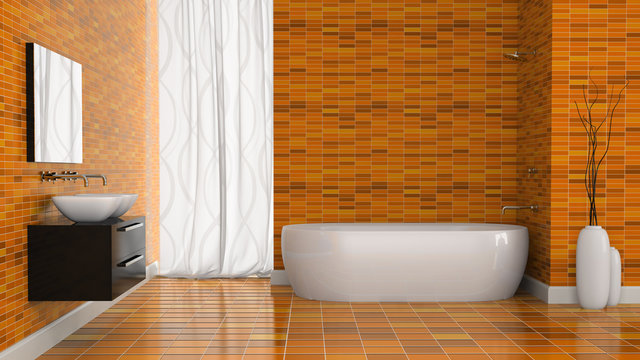 Interior of modern bathroom with orange tiles  wall