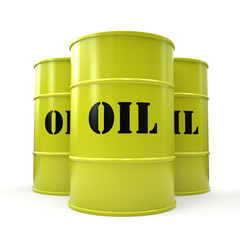 Three yellow oil barrels isolated on white background