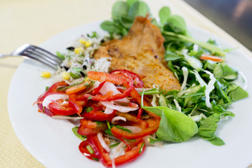 Chicken steak with vegetables on  plate