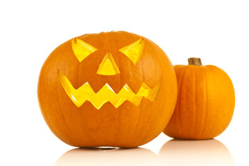 Halloween pumpkin head jack lantern with scary evil faces spook