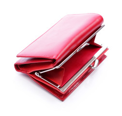 Women's red leather wallet on a white background - obrazy, fototapety, plakaty