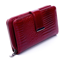 Women's maroon leather wallet on a white background