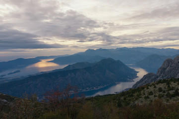 Fototapeta na wymiar View of Vrmac mountain and Bay of Kotor. Autumn in Montenegro