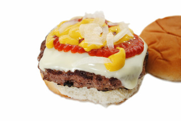 Juicy Cheese Burger with Onion, Mustard, and Catsup
