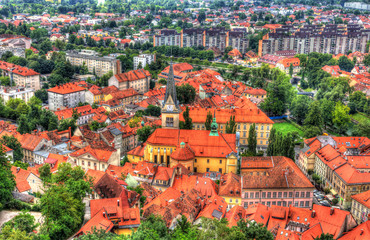 Naklejka premium Aerial view of Cerkev Sv. Jakoba in Ljubljana, Slovenia