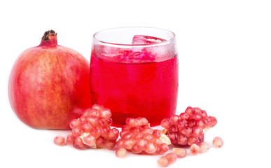 pomegranate juice with ice on white background