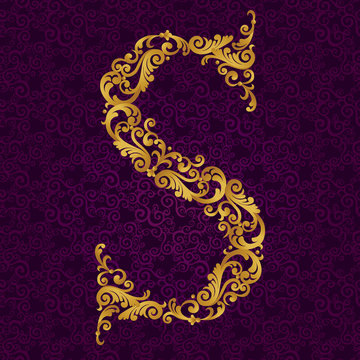 Gold font type letter S, uppercase.