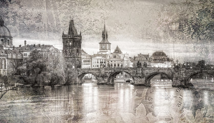 Panele Szklane Podświetlane  Widok na Most Karola w stylu retro Praga,Czechy.
