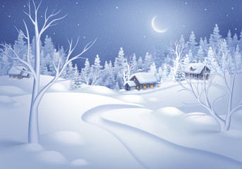 Obraz premium winter night landscape illustration, midnight is small village