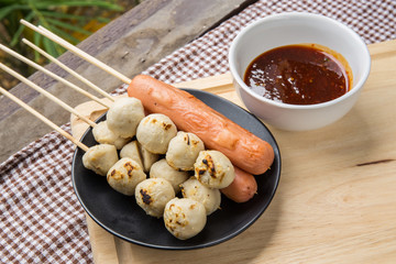 The grilled sausage and meat ball in Thai style